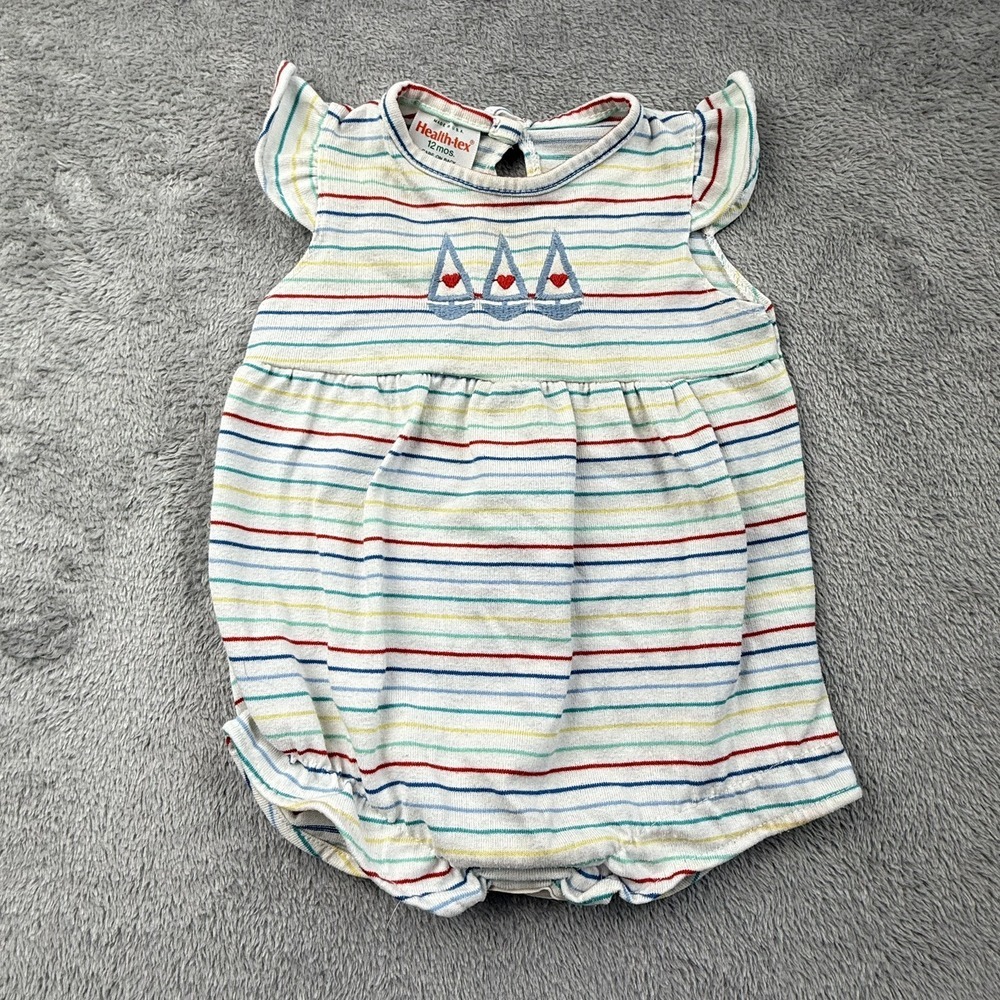 Healthtex Sailboat Romper Baby Size 12 Months Stripe Sailor Anchor Vintage 90s